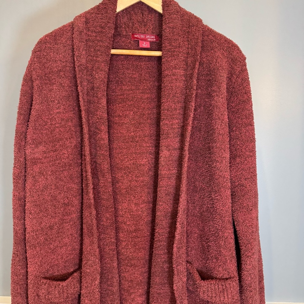 Barefoot Dreams Women CozyChic Cali Cardigan Size M Maroon Long Open Front - Picture 2 of 10